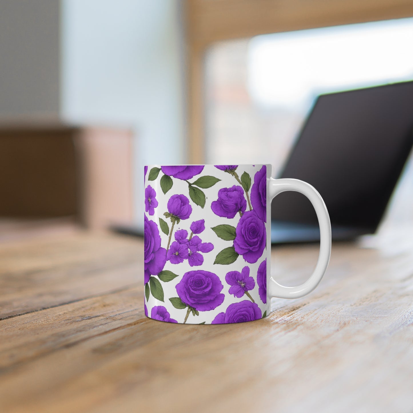 Classic White 11oz Ceramic Roses Mug — Durable Sublimation Coffee & Tea Cup