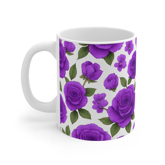 Classic White 11oz Ceramic Roses Mug — Durable Sublimation Coffee & Tea Cup