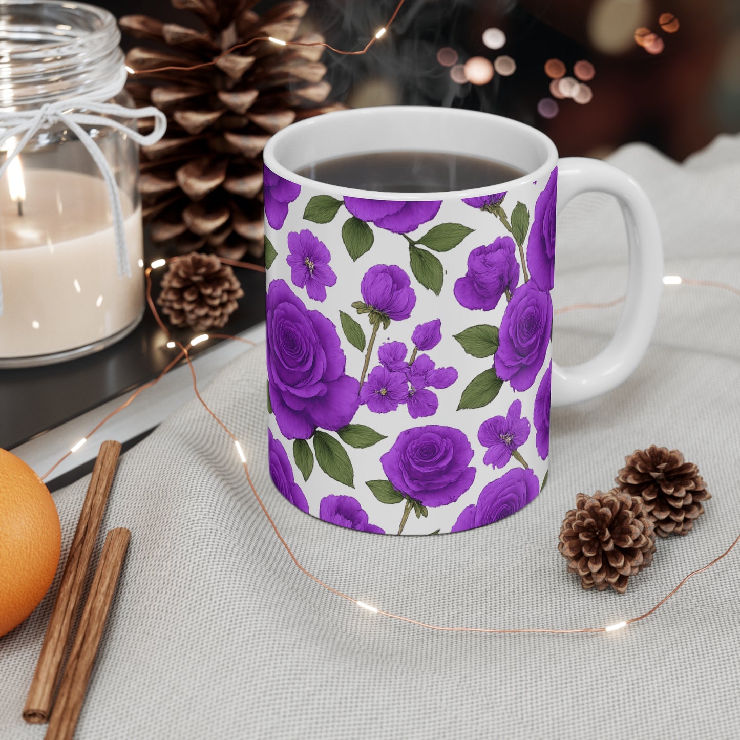 Classic White 11oz Ceramic Roses Mug — Durable Sublimation Coffee & Tea Cup